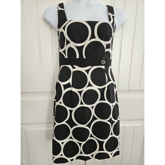 London Times Sheath Dress Size 8 Black & White Geometric circles Faux Belt - Picture 1 of 8